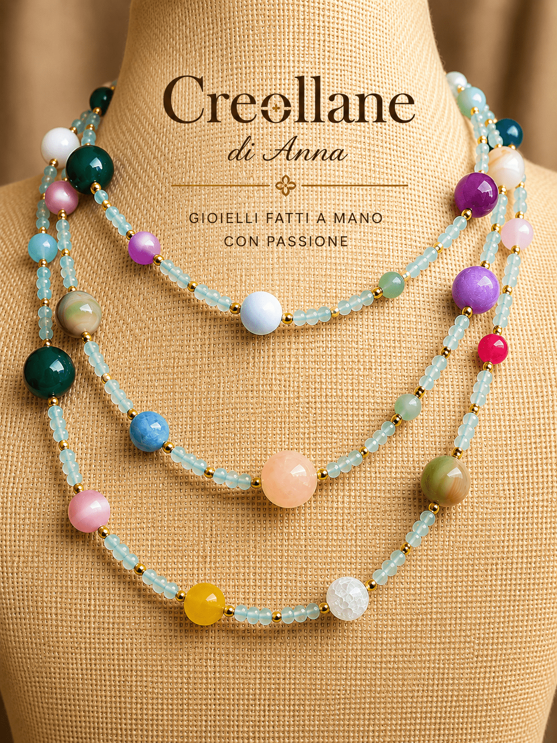 Collane Collana Artigianale Handmade | Cristalli Verde Acqua, Agate, Quarzi, Corniola e Occhi di Gatto | Made in Italy - Handmade Made in Italy