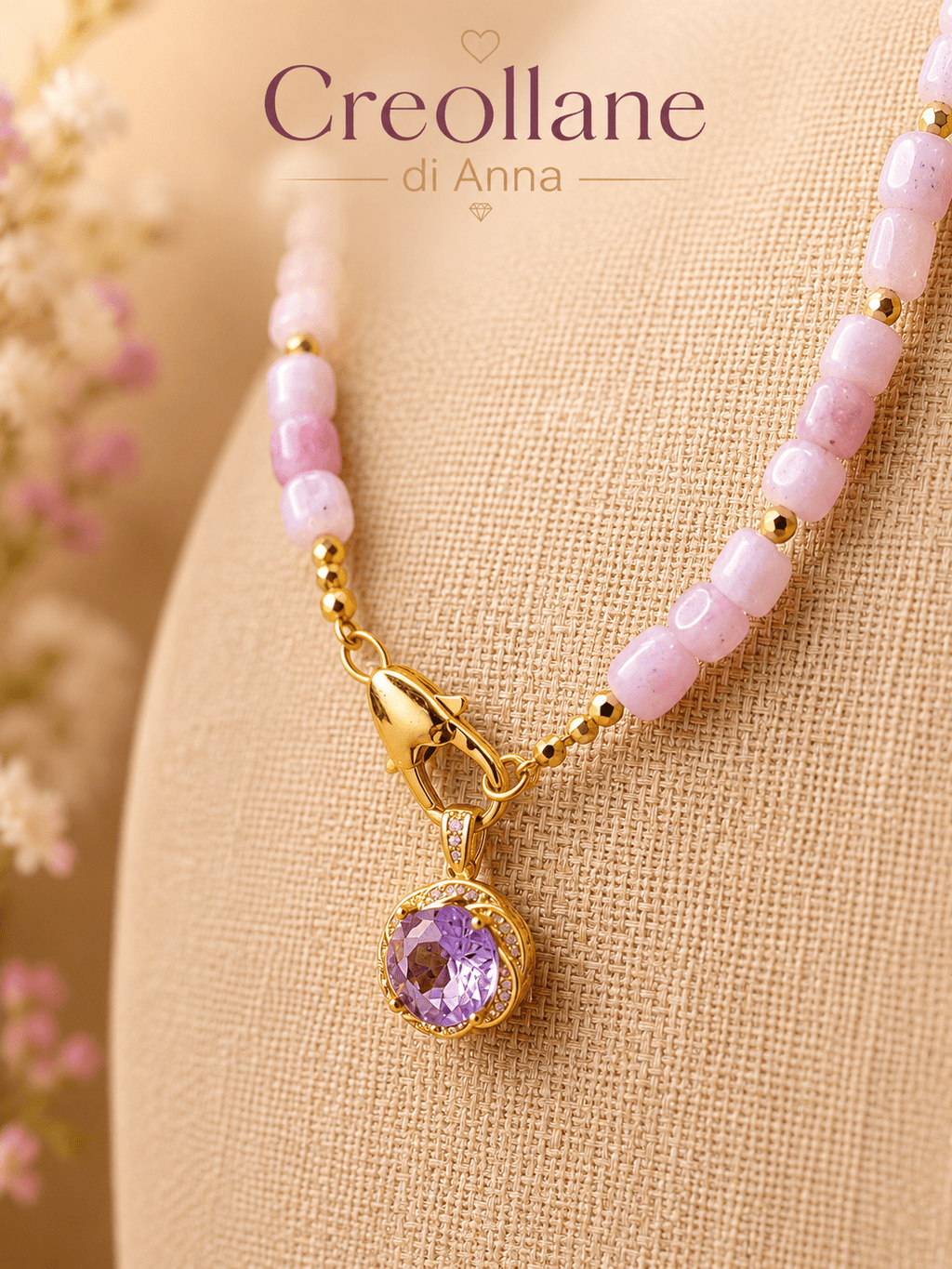 Collane Collana Artigianale Handmade | Kunzite Rosa, Ematite Oro e Ciondolo Cristalli Bianchi e Lilla | Made in Italy - Handmade Made in Italy