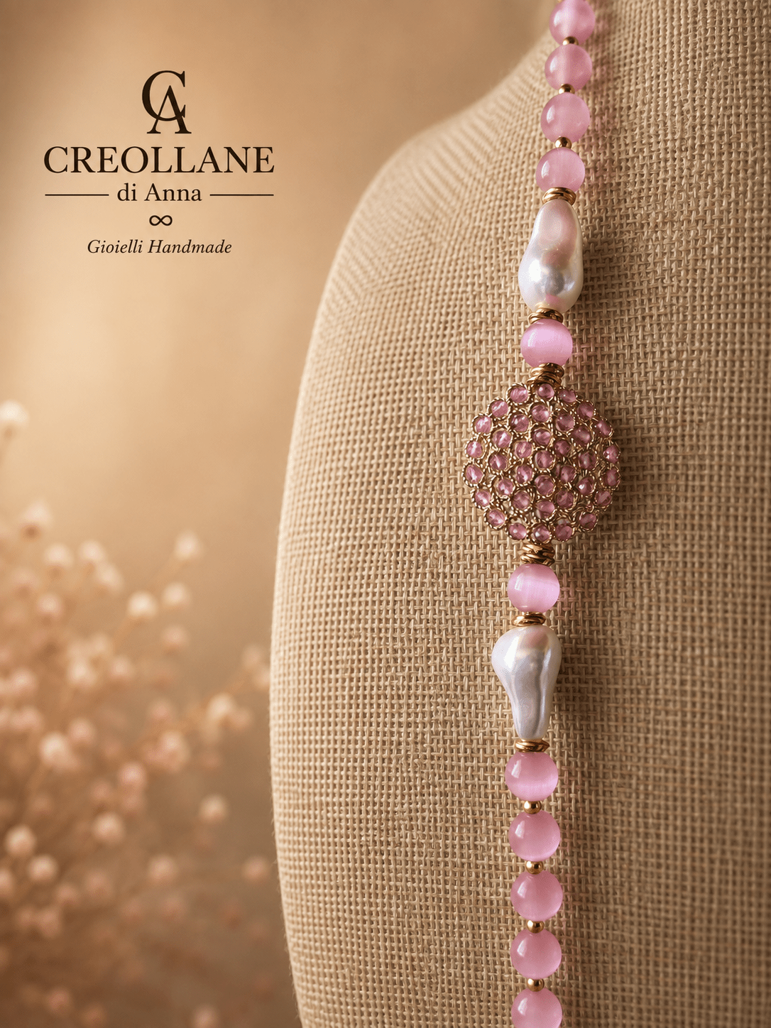 Collane Collana Artigianale Handmade | Occhio di Gatto Rosa, Elemento in Cristalli e Perle | Made in Italy - Handmade Made in Italy