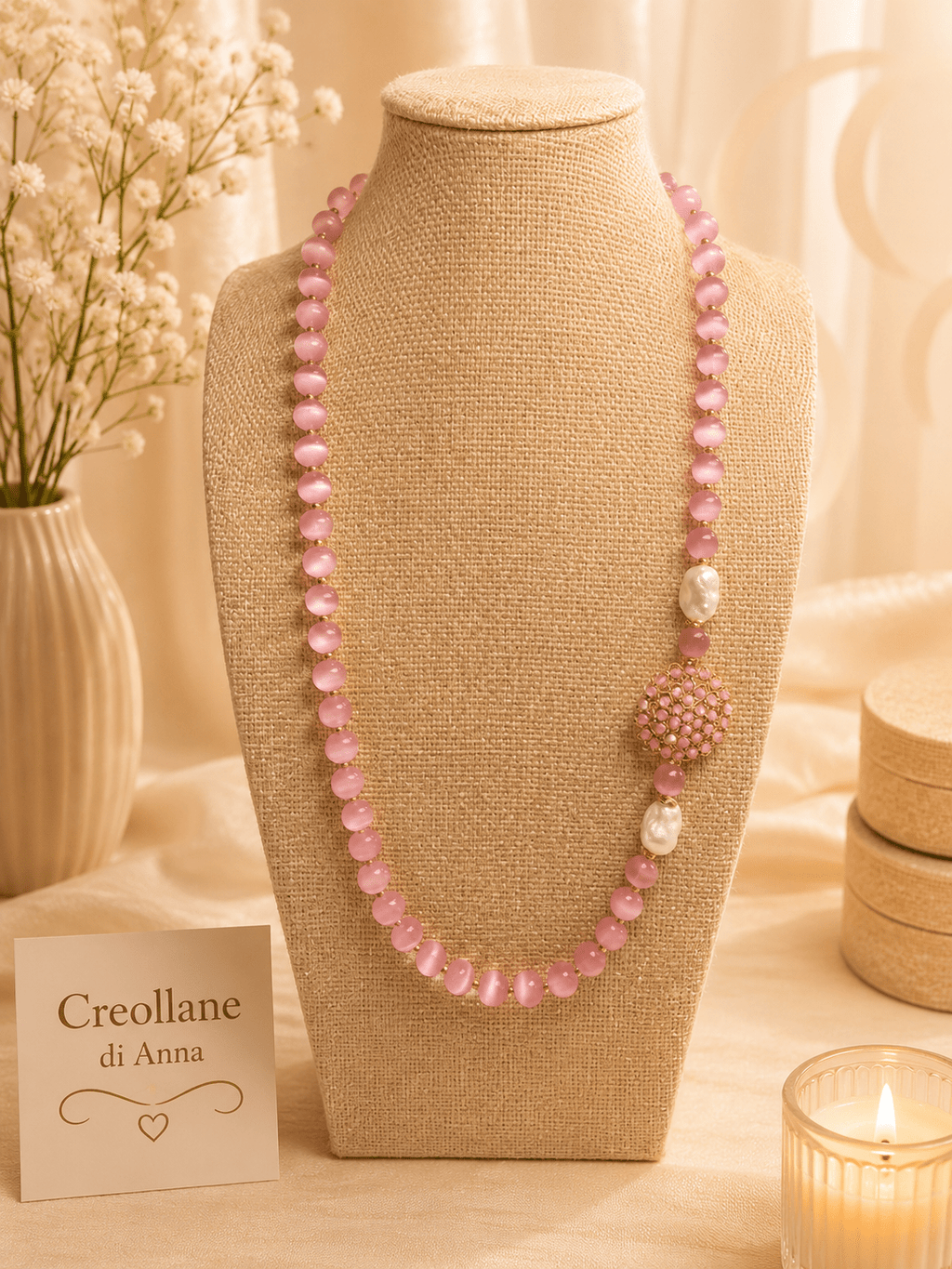 Collane Collana Artigianale Handmade | Occhio di Gatto Rosa, Elemento in Cristalli e Perle | Made in Italy - Handmade Made in Italy