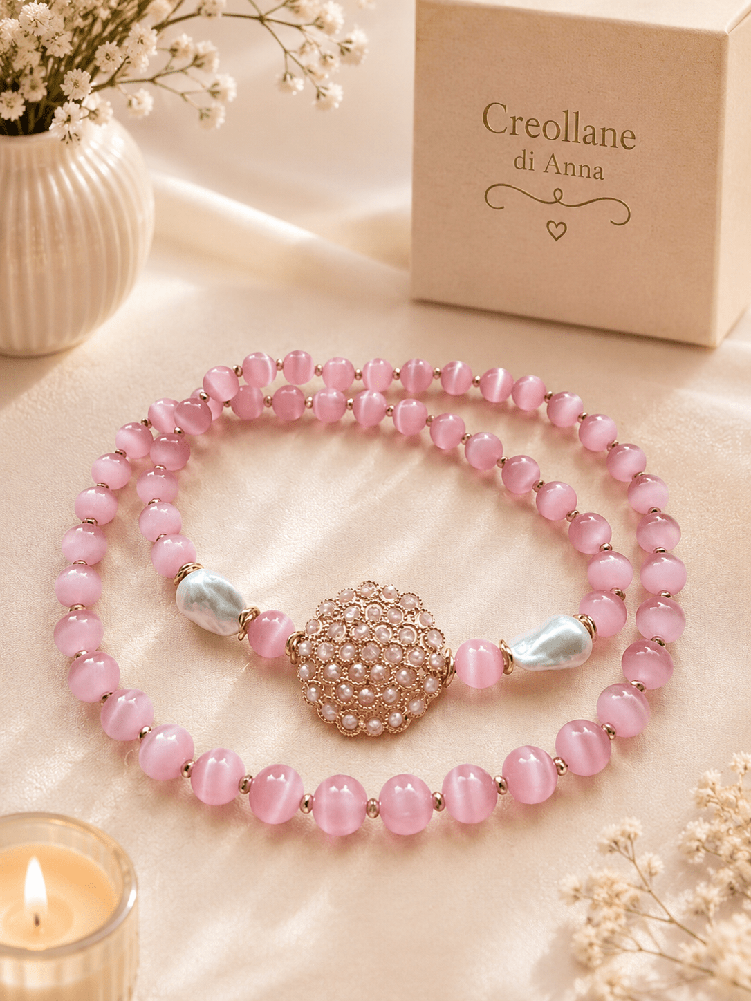 Collane Collana Artigianale Handmade | Occhio di Gatto Rosa, Elemento in Cristalli e Perle | Made in Italy - Handmade Made in Italy