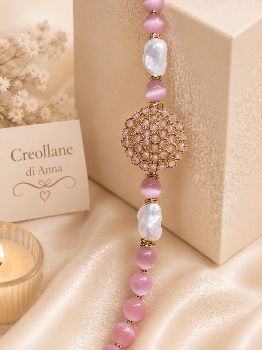 Collane Collana Artigianale Handmade | Occhio di Gatto Rosa, Elemento in Cristalli e Perle | Made in Italy - Handmade Made in Italy