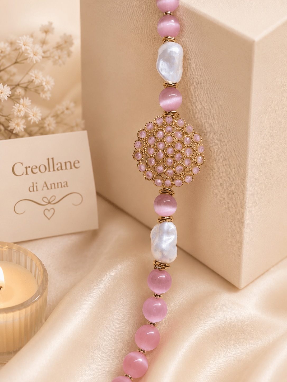 Collane Collana Artigianale Handmade | Occhio di Gatto Rosa, Elemento in Cristalli e Perle | Made in Italy - Handmade Made in Italy