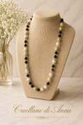 Collana Artigianale | Onice Nero, Giada Persiana Verde e Rosa, Cristalli Sfaccettati | Made in Italy