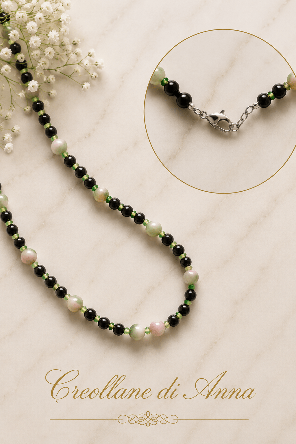 Collane Collana Artigianale Handmade | Onice Nero, Giada Persiana Verde e Rosa, Cristalli Sfaccettati | Made in Italy - Handmade Made in Italy