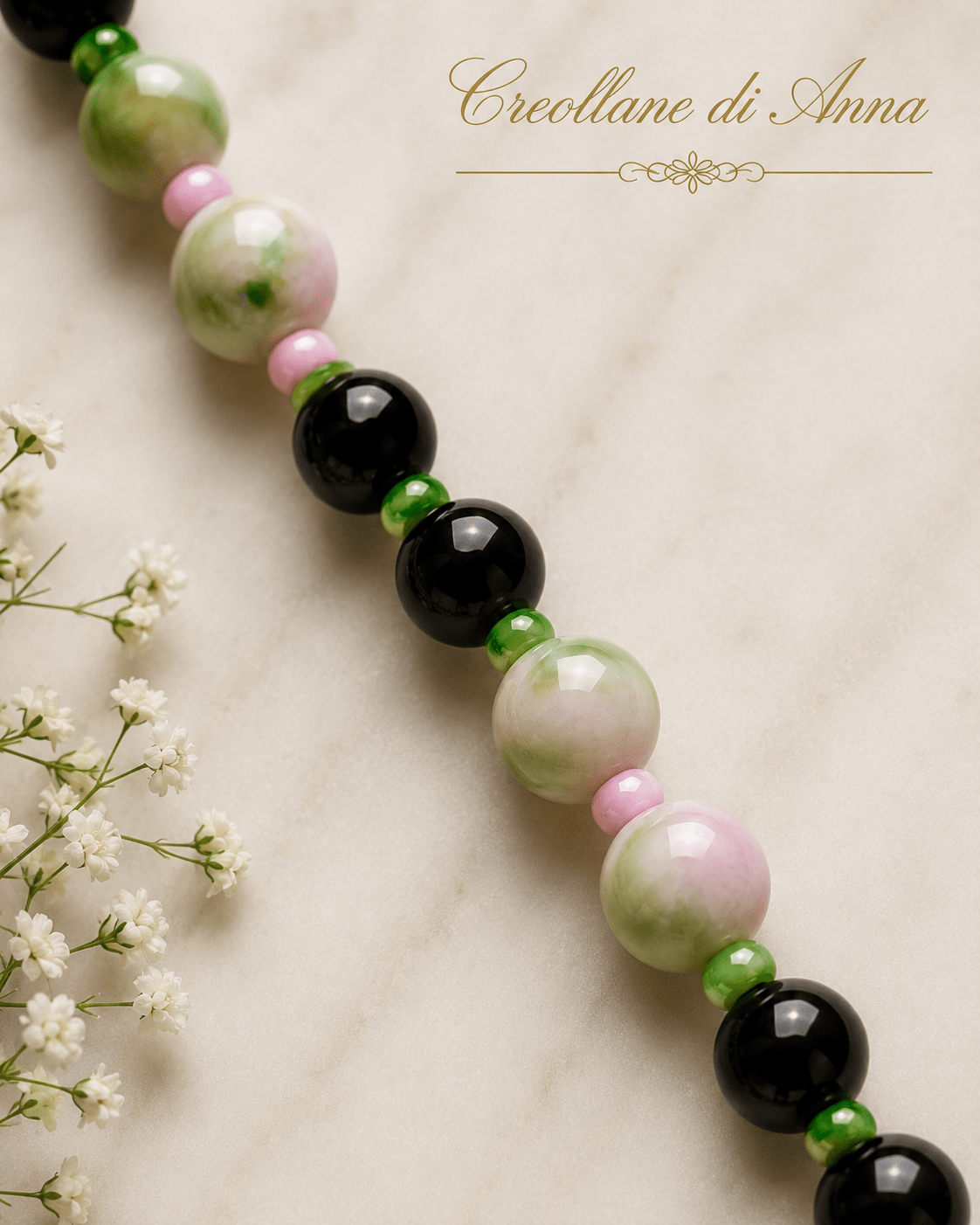 Collane Collana Artigianale Handmade | Onice Nero, Giada Persiana Verde e Rosa, Cristalli Sfaccettati | Made in Italy - Handmade Made in Italy