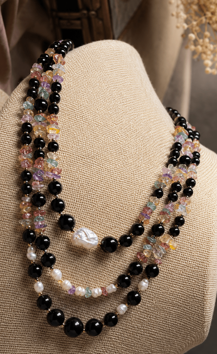 Collane Collana Artigianale Handmade | Onice Nero, Quarzi Colorati e Perle Naturali | Made in Italy - Handmade Made in Italy