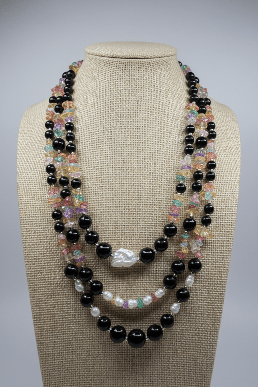Collane Collana Artigianale Handmade | Onice Nero, Quarzi Colorati e Perle Naturali | Made in Italy - Handmade Made in Italy