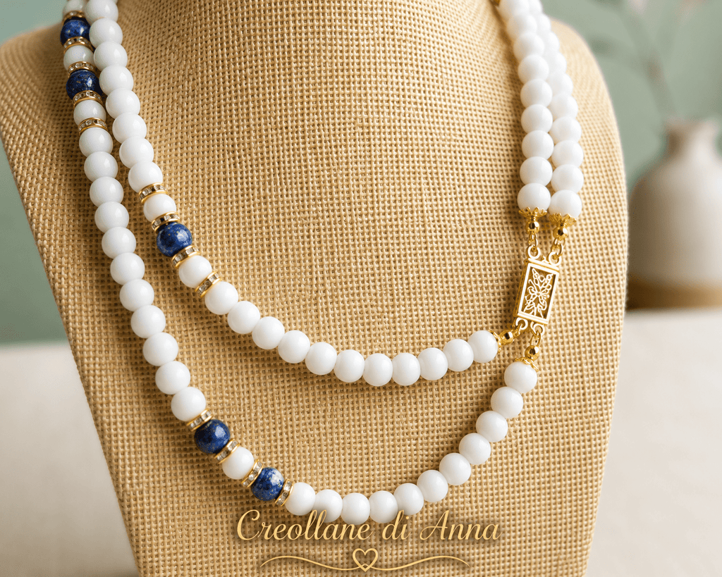 Collane Collana Artigianale Handmade | Opale Bianco, Pietra Vulcanica Blu e Swarovski | Made in Italy - Handmade Made in Italy
