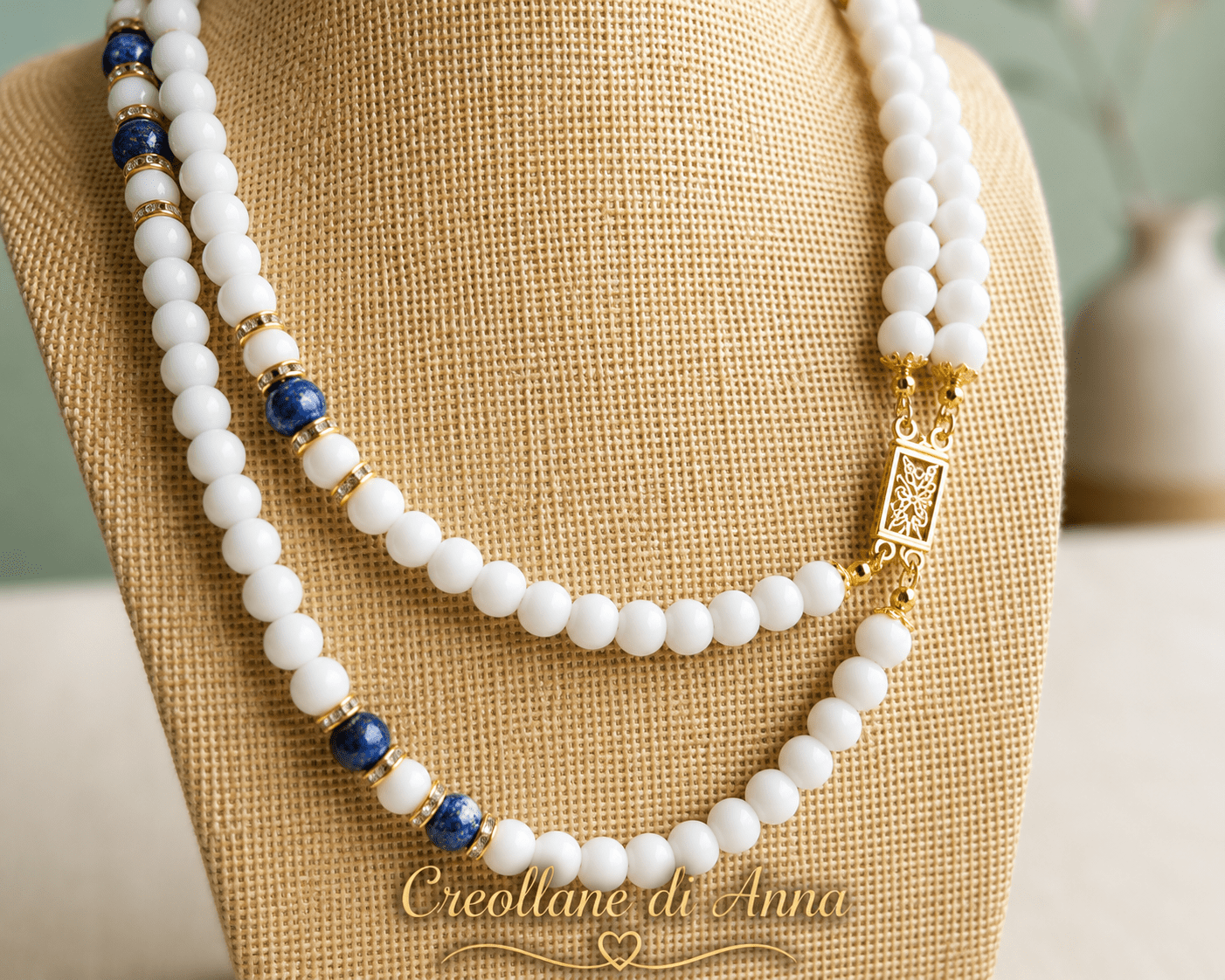 Collane Collana Artigianale Handmade | Opale Bianco, Pietra Vulcanica Blu e Swarovski | Made in Italy - Handmade Made in Italy