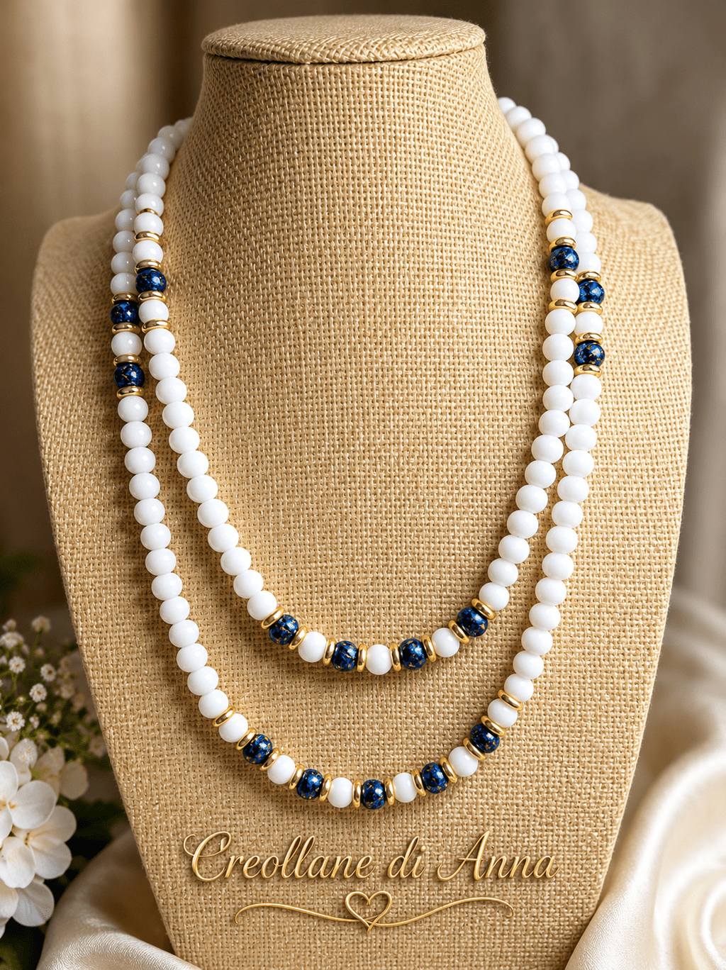Collane Collana Artigianale Handmade | Opale Bianco, Pietra Vulcanica Blu e Swarovski | Made in Italy - Handmade Made in Italy