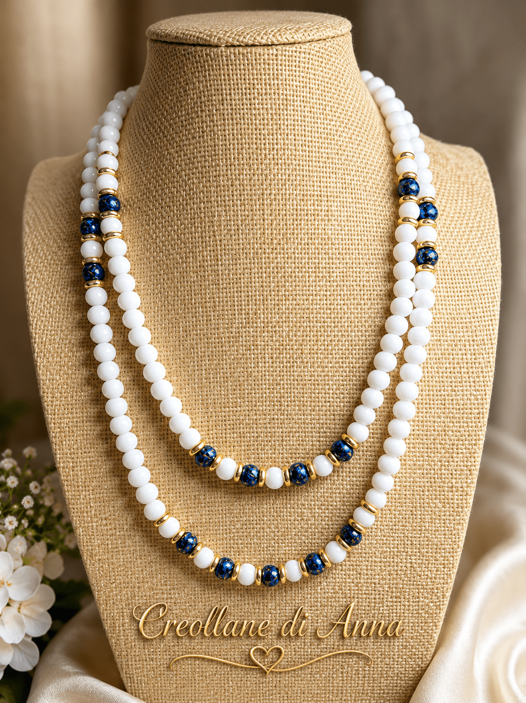 Collane Collana Artigianale Handmade | Opale Bianco, Pietra Vulcanica Blu e Swarovski | Made in Italy - Handmade Made in Italy