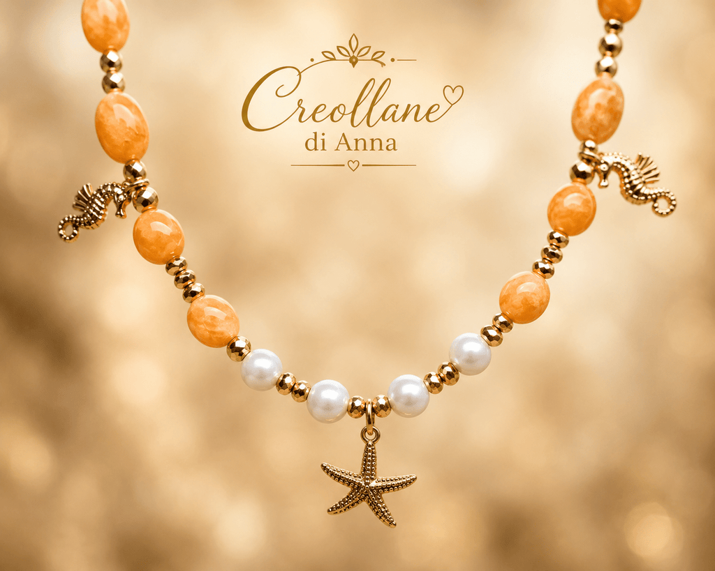 Collane Collana Artigianale Handmade | Quarzo Avventurina Arancione, Ematite, Perle di Maiorca e Charm Mare | Made in Italy - Handmade Made in Italy
