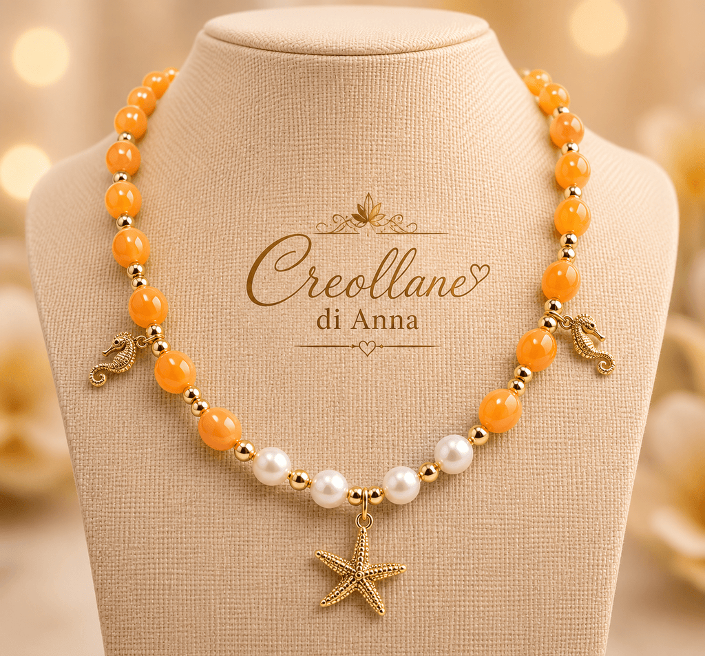 Collane Collana Artigianale Handmade | Quarzo Avventurina Arancione, Ematite, Perle di Maiorca e Charm Mare | Made in Italy - Handmade Made in Italy