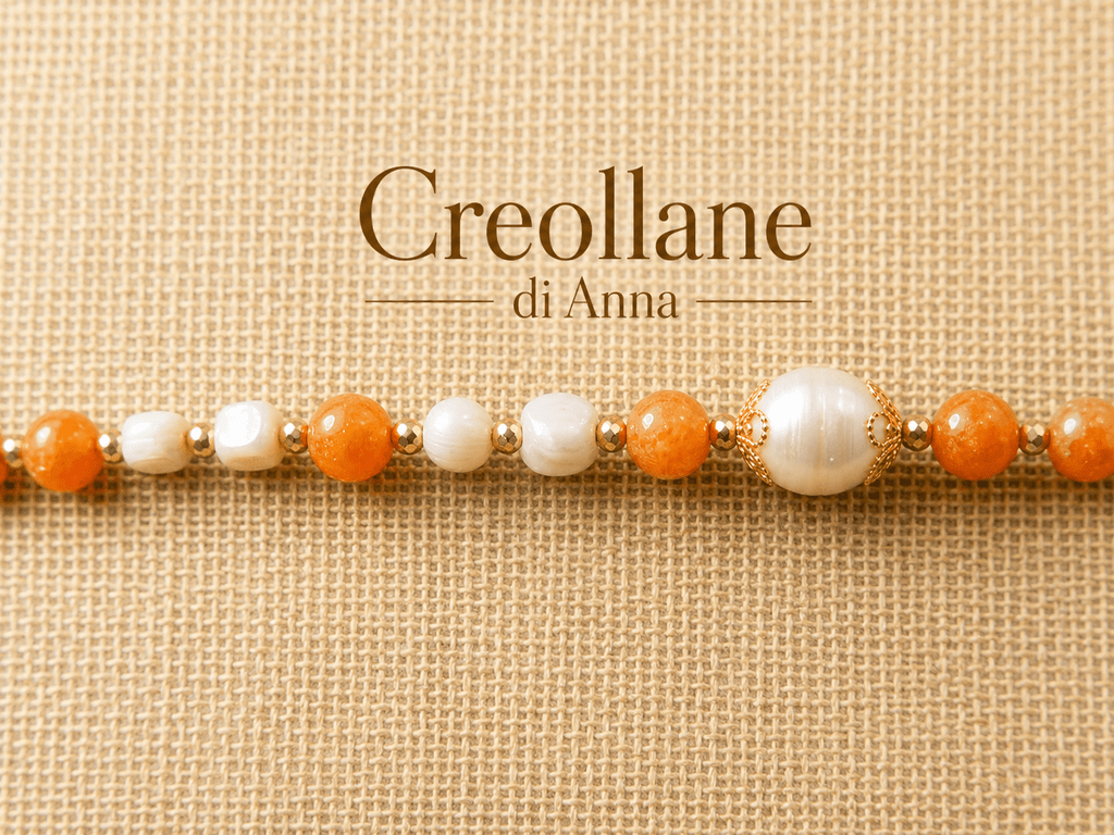 Collane Collana Artigianale Handmade | Quarzo Avventurina Arancione, Madreperla, Perle ed Ematite | Made in Italy - Handmade Made in Italy