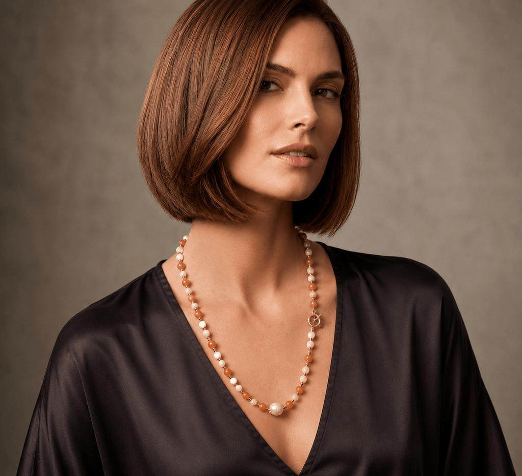 Collane Collana Artigianale Handmade | Quarzo Avventurina Arancione, Madreperla, Perle ed Ematite | Made in Italy - Handmade Made in Italy