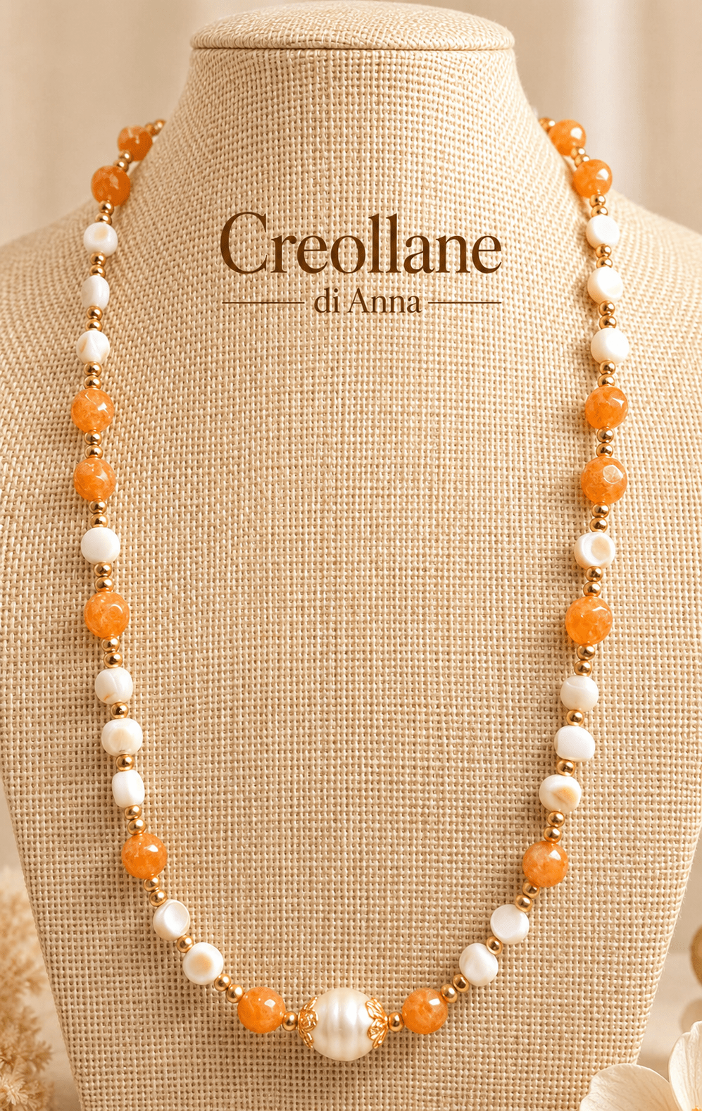 Collane Collana Artigianale Handmade | Quarzo Avventurina Arancione, Madreperla, Perle ed Ematite | Made in Italy - Handmade Made in Italy