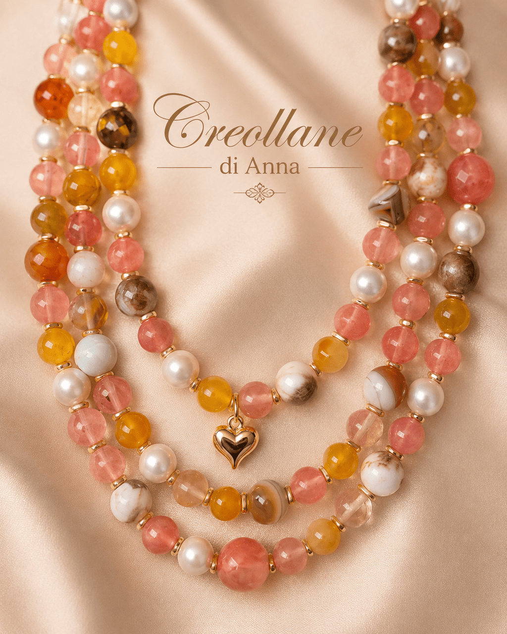 Collane Collana Artigianale Handmade | Quarzo Ciliegia, Agata, Perle Maiorca e Charms Cuore Gold | Made in Italy - Handmade Made in Italy