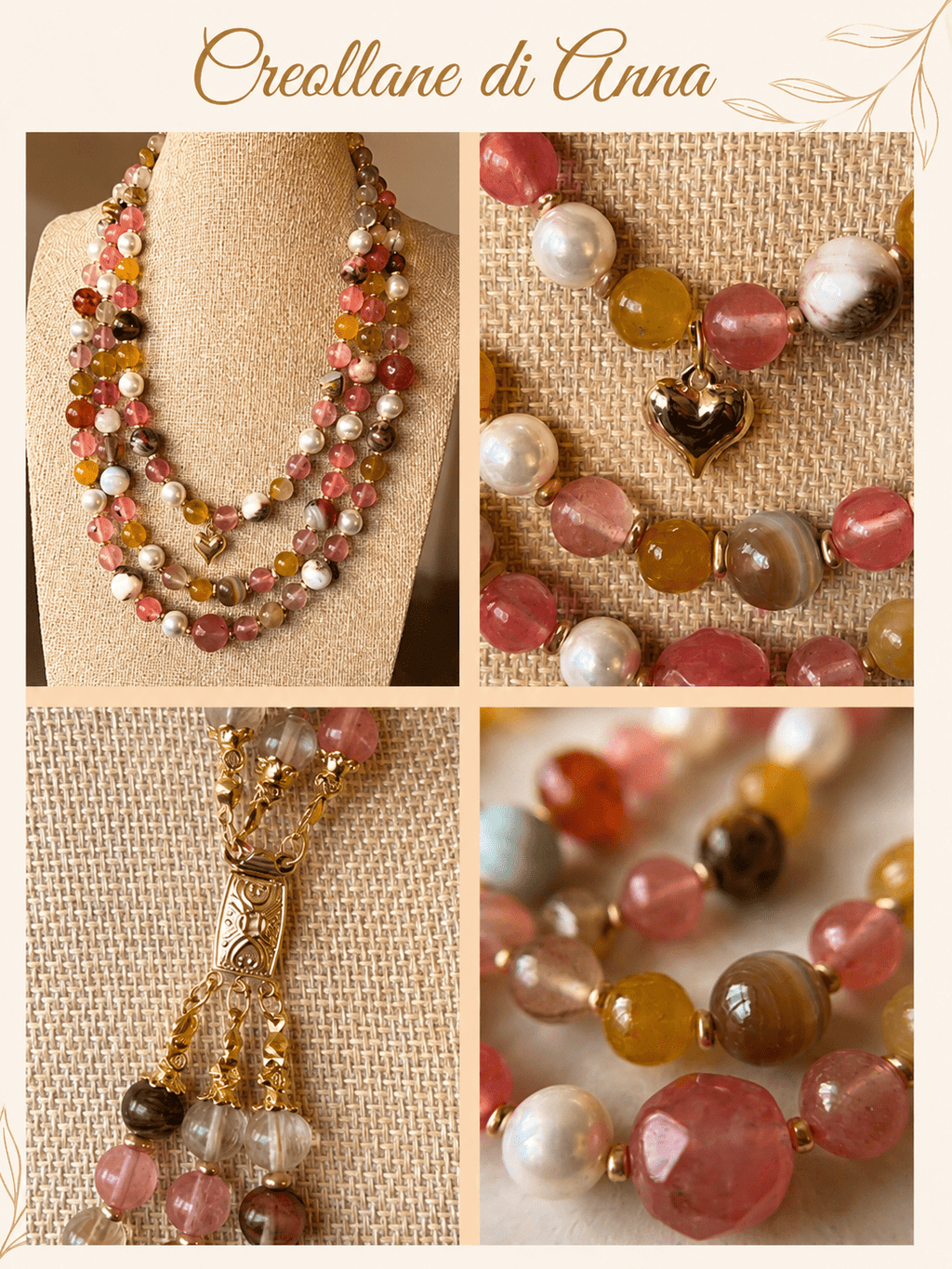 Collane Collana Artigianale Handmade | Quarzo Ciliegia, Agata, Perle Maiorca e Charms Cuore Gold | Made in Italy - Handmade Made in Italy