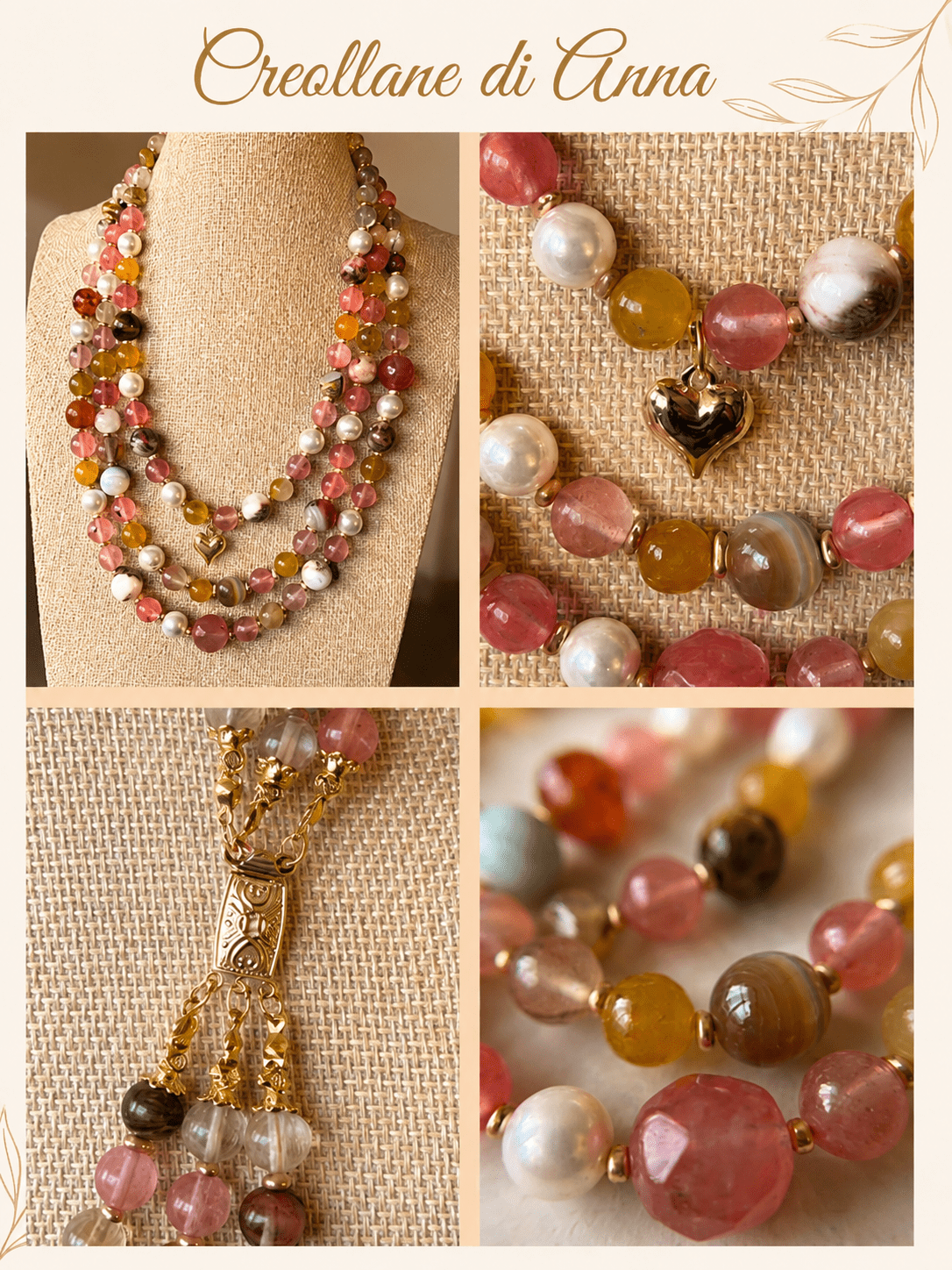 Collane Collana Artigianale Handmade | Quarzo Ciliegia, Agata, Perle Maiorca e Charms Cuore Gold | Made in Italy - Handmade Made in Italy