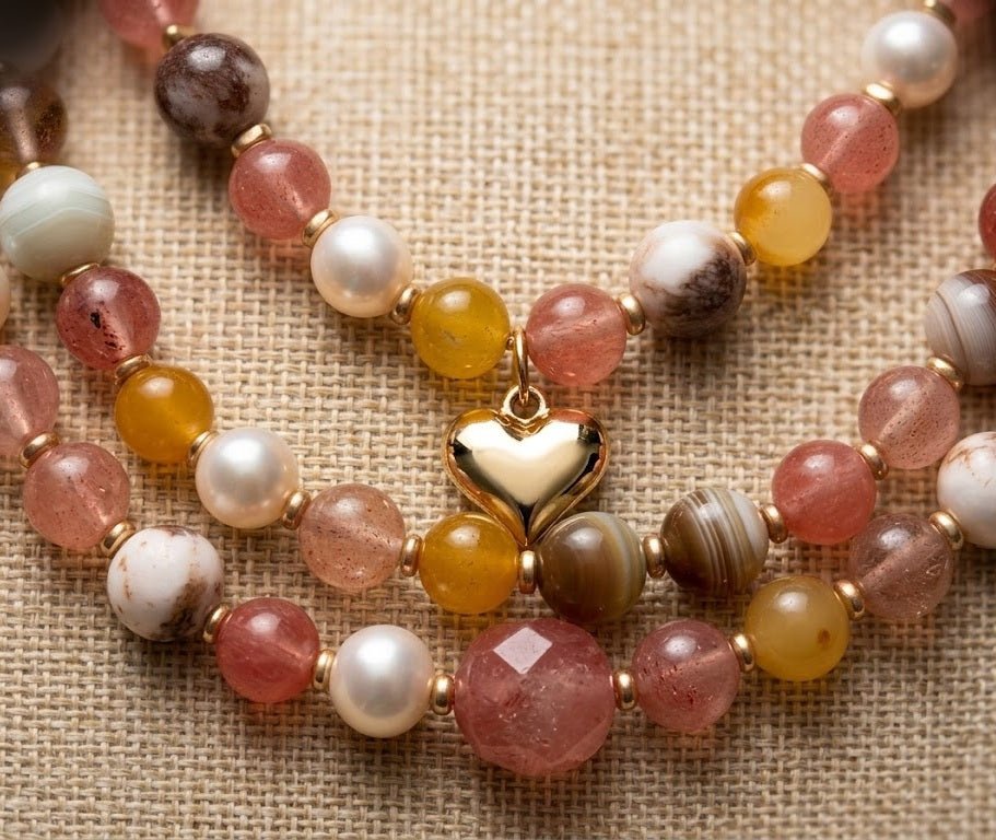 Collane Collana Artigianale Handmade | Quarzo Ciliegia, Agata, Perle Maiorca e Charms Cuore Gold | Made in Italy - Handmade Made in Italy