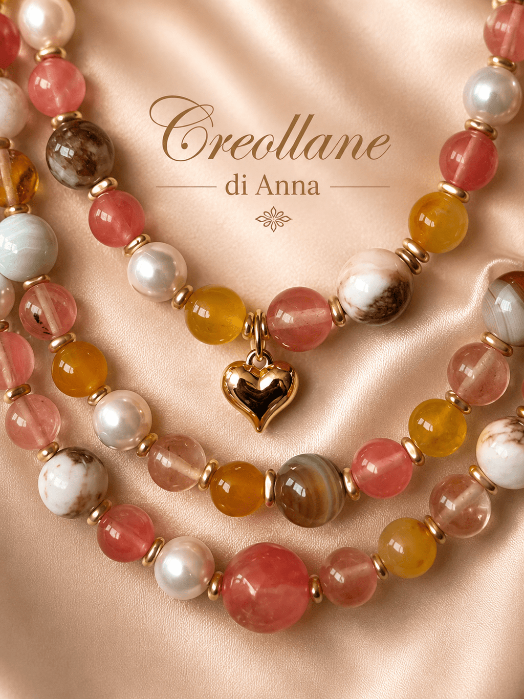 Collane Collana Artigianale Handmade | Quarzo Ciliegia, Agata, Perle Maiorca e Charms Cuore Gold | Made in Italy - Handmade Made in Italy