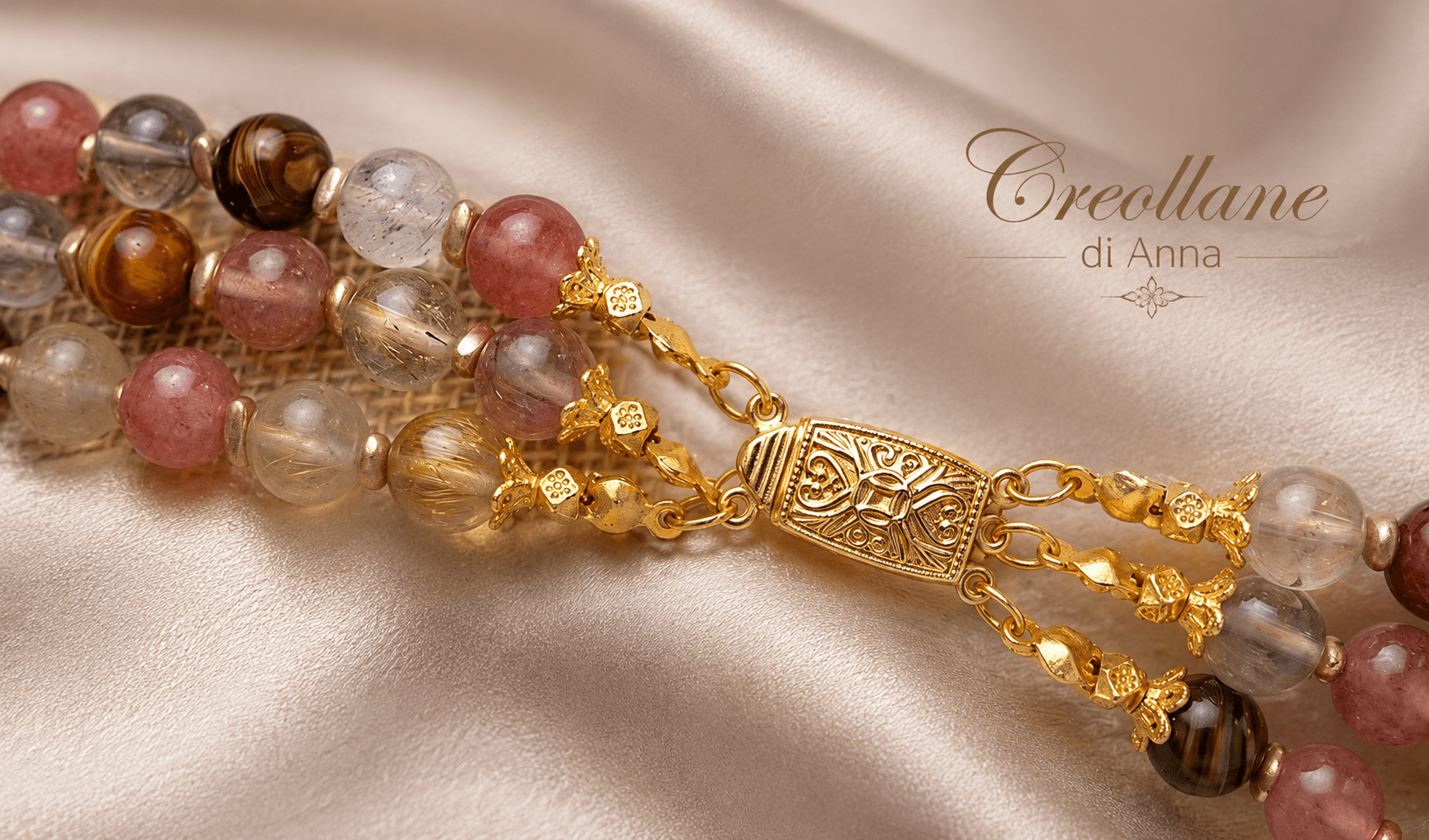 Collane Collana Artigianale Handmade | Quarzo Ciliegia, Agata, Perle Maiorca e Charms Cuore Gold | Made in Italy - Handmade Made in Italy