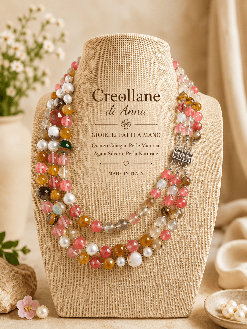 Collane Collana Artigianale Handmade | Quarzo Ciliegia, Perle Maiorca, Agata Silver e Perla Naturale | Made in Italy - Handmade Made in Italy