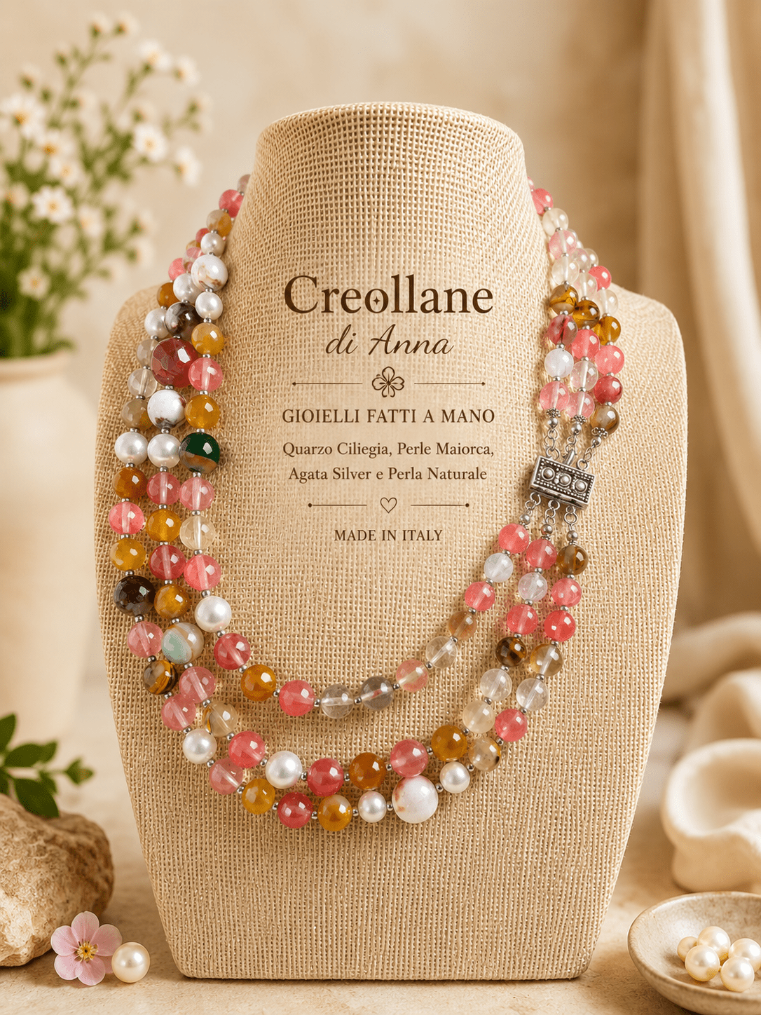 Collane Collana Artigianale Handmade | Quarzo Ciliegia, Perle Maiorca, Agata Silver e Perla Naturale | Made in Italy - Handmade Made in Italy