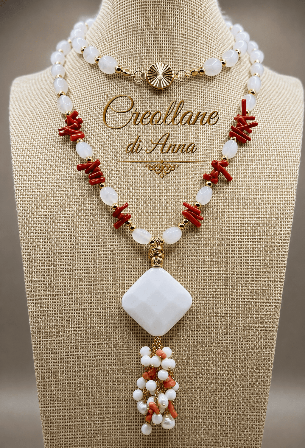 Collane Collana Artigianale Handmade | Quarzo Latteo, Corallo Bambù e Opale Bianco | Made in Italy - Handmade Made in Italy