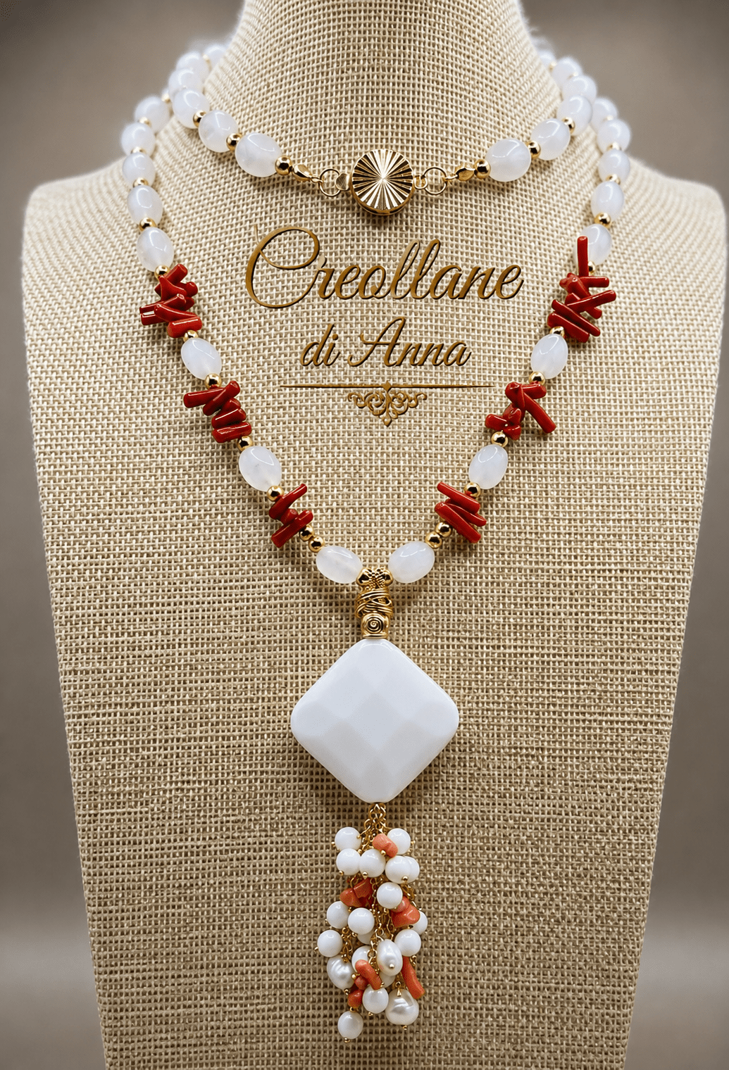 Collane Collana Artigianale Handmade | Quarzo Latteo, Corallo Bambù e Opale Bianco | Made in Italy - Handmade Made in Italy