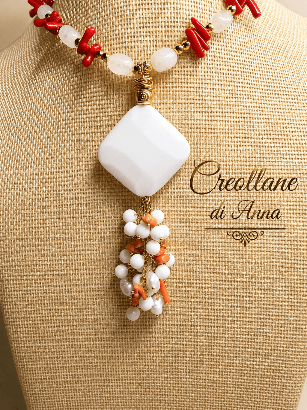 Collane Collana Artigianale Handmade | Quarzo Latteo, Corallo Bambù e Opale Bianco | Made in Italy - Handmade Made in Italy