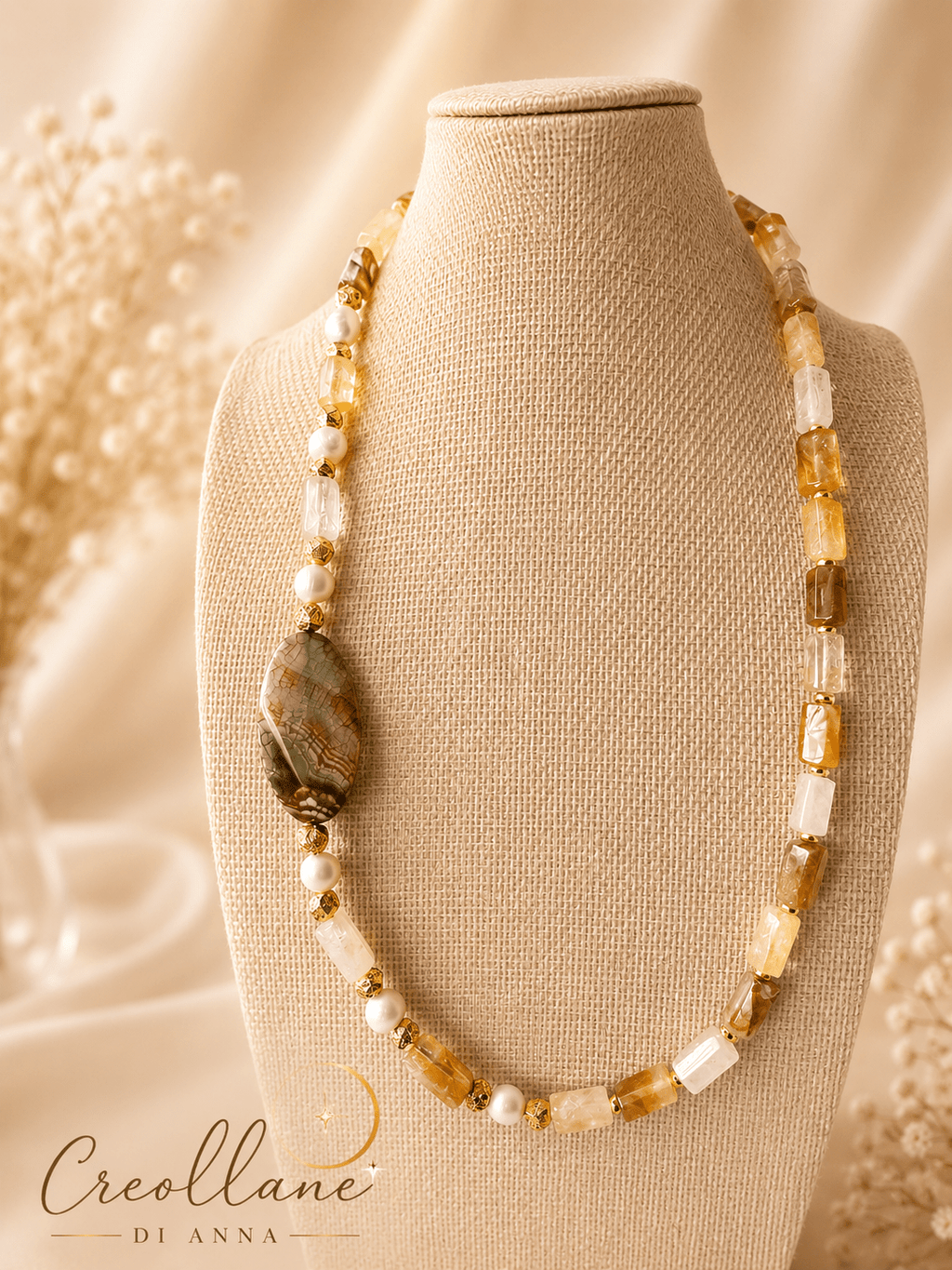 Collane Collana Asimmetrica Quarzo Ferruginoso Giallo, Perle Barocche e Agata Ovale | Made in Italy - Handmade Made in Italy