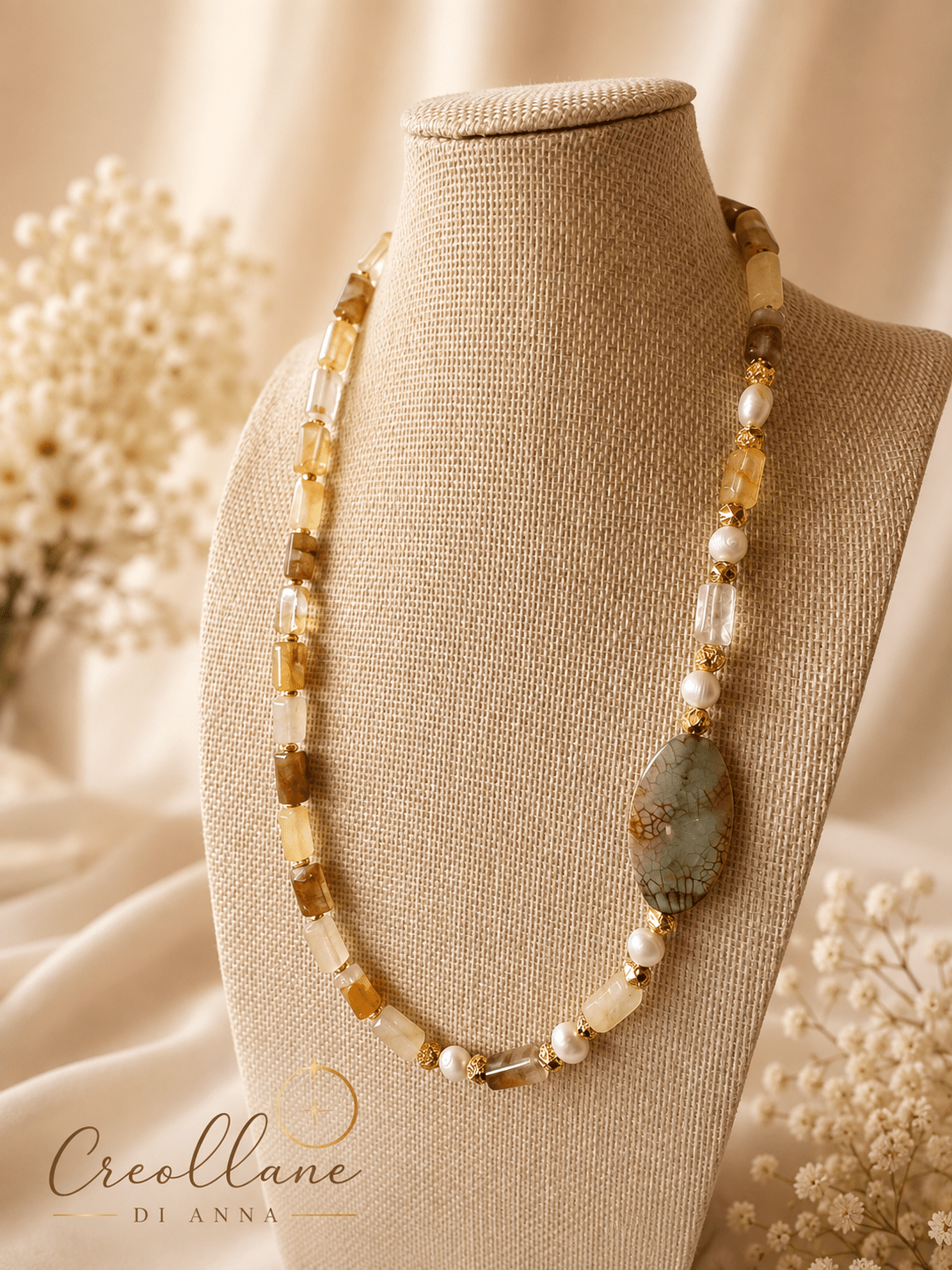 Collane Collana Asimmetrica Quarzo Ferruginoso Giallo, Perle Barocche e Agata Ovale | Made in Italy - Handmade Made in Italy