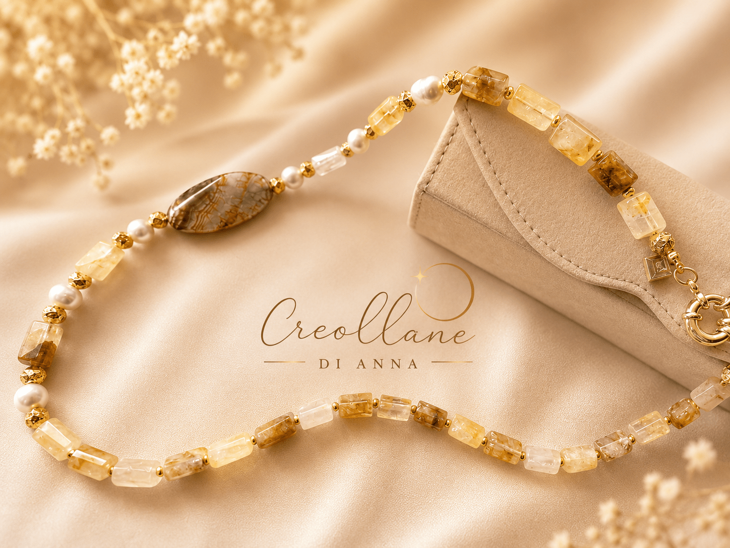 Collane Collana Asimmetrica Quarzo Ferruginoso Giallo, Perle Barocche e Agata Ovale | Made in Italy - Handmade Made in Italy