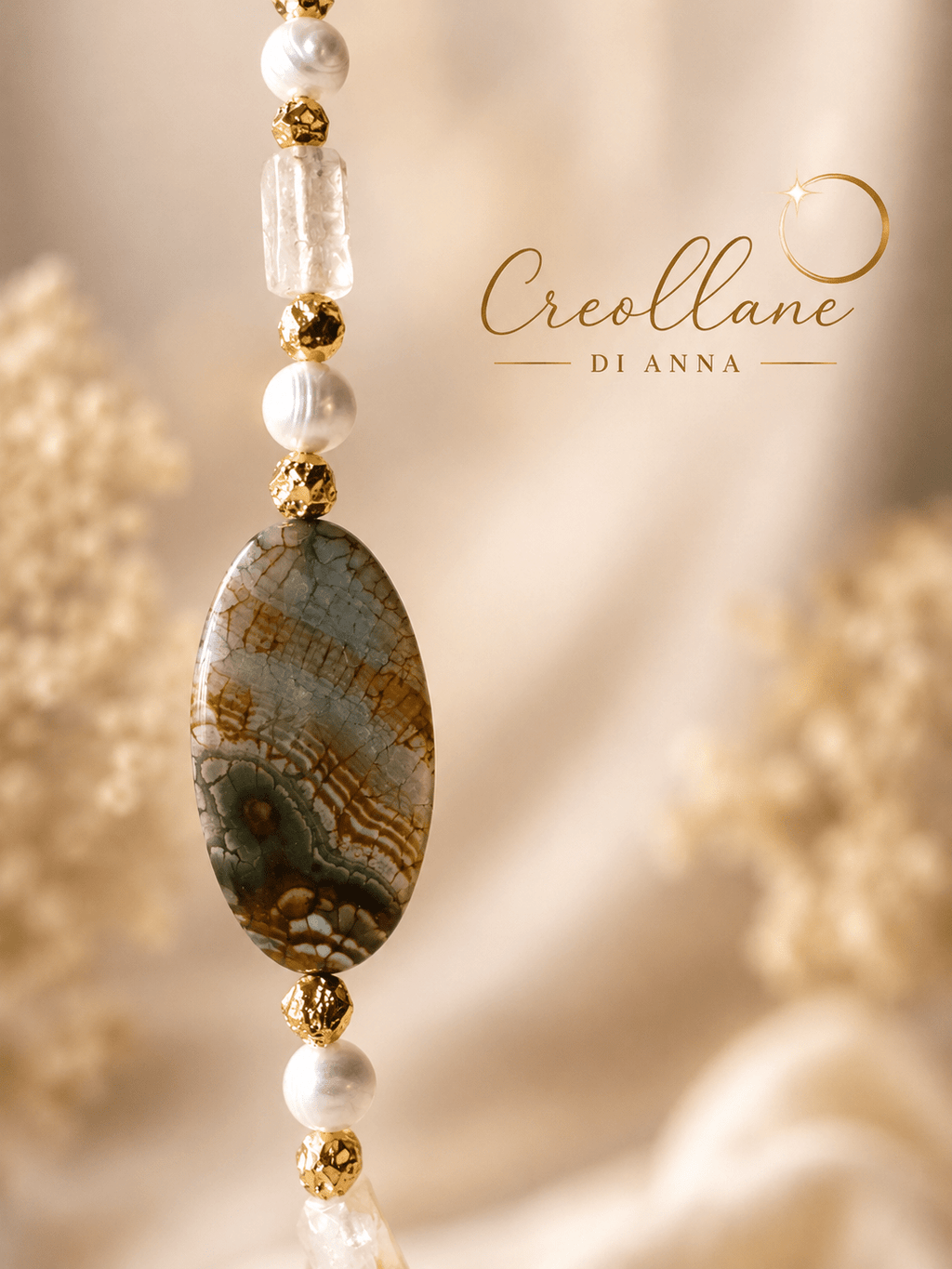 Collane Collana Asimmetrica Quarzo Ferruginoso Giallo, Perle Barocche e Agata Ovale | Made in Italy - Handmade Made in Italy