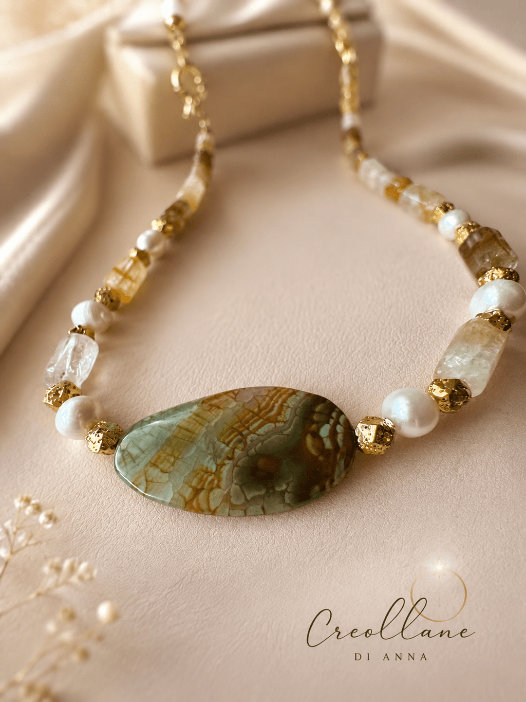 Collane Collana Asimmetrica Quarzo Ferruginoso Giallo, Perle Barocche e Agata Ovale | Made in Italy - Handmade Made in Italy