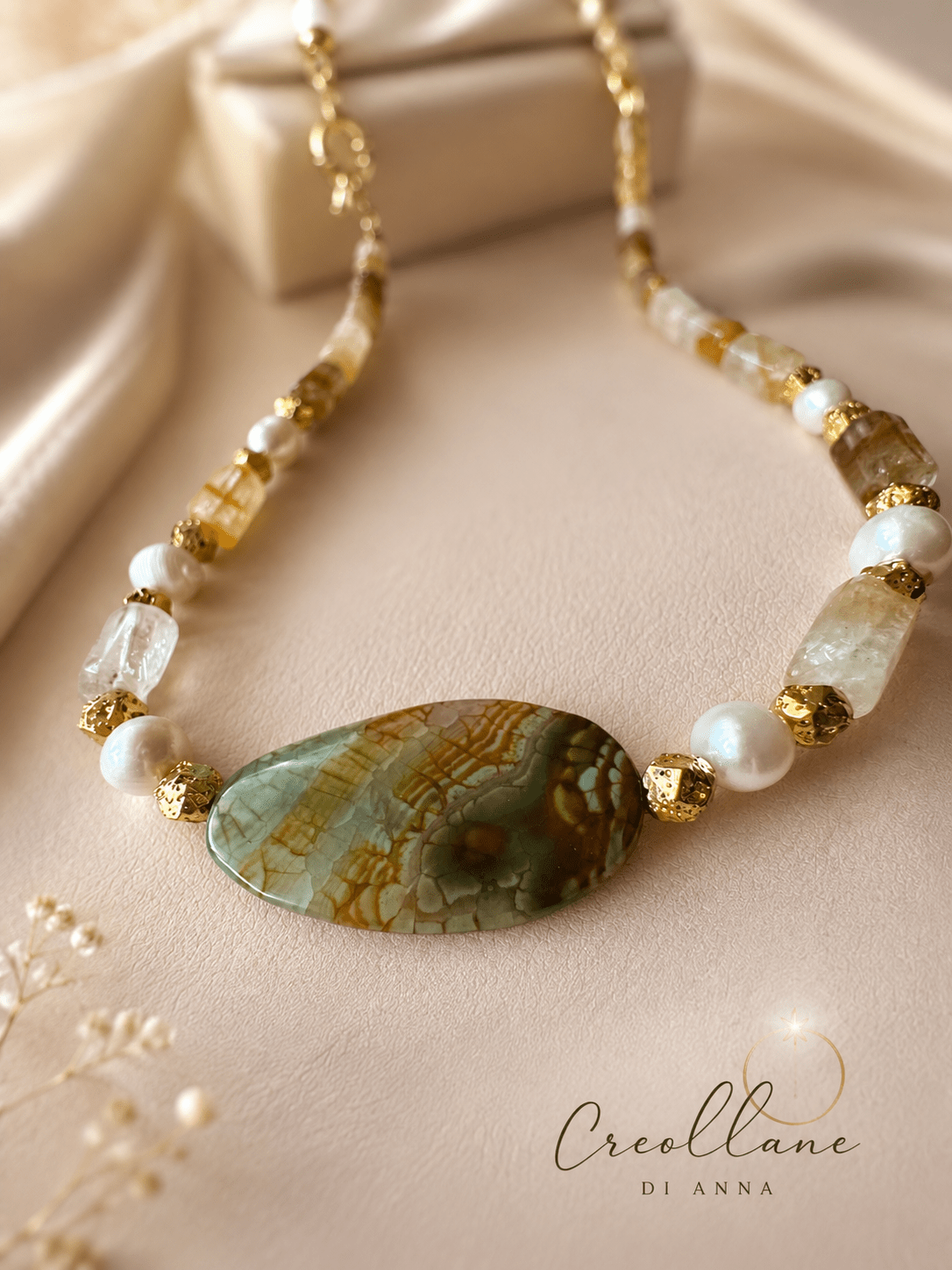 Collane Collana Asimmetrica Quarzo Ferruginoso Giallo, Perle Barocche e Agata Ovale | Made in Italy - Handmade Made in Italy