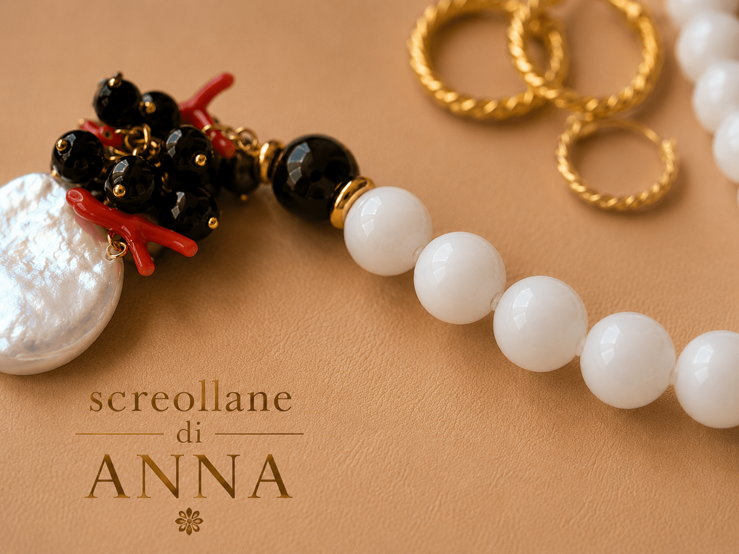 Collane Collana Donna Artigianale Handmade | Onice Bianco e Nero, Perla Barocca e Corallo | Made in Italy - Handmade Made in Italy