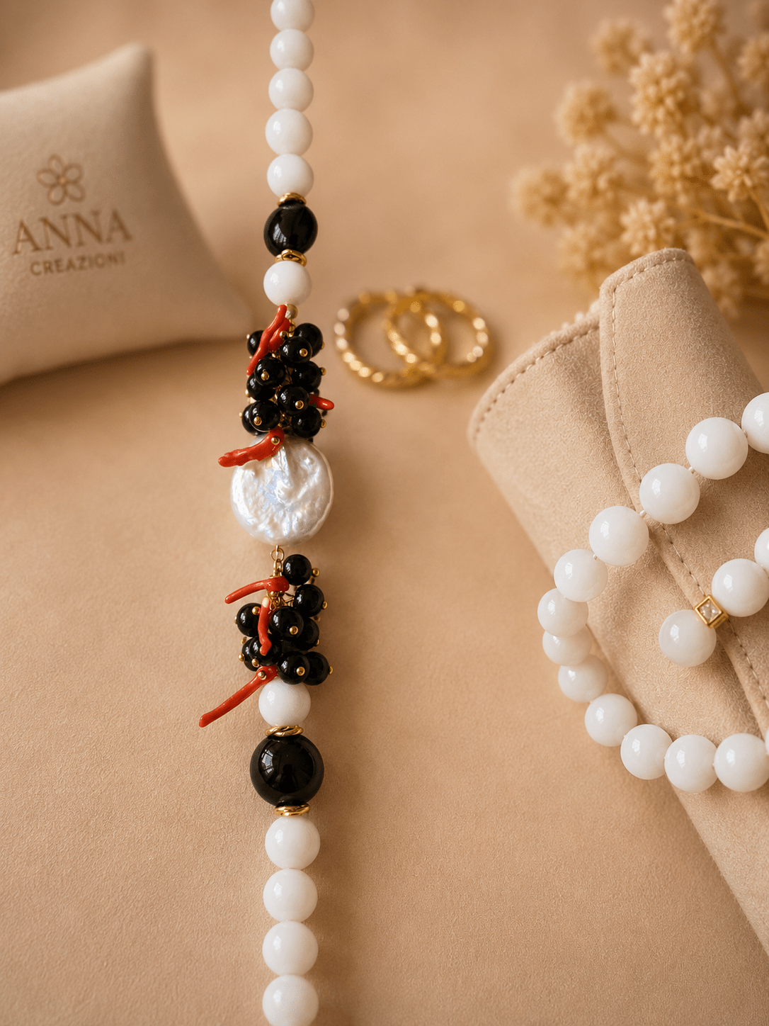 Collane Collana Donna Artigianale Handmade | Onice Bianco e Nero, Perla Barocca e Corallo | Made in Italy - Handmade Made in Italy