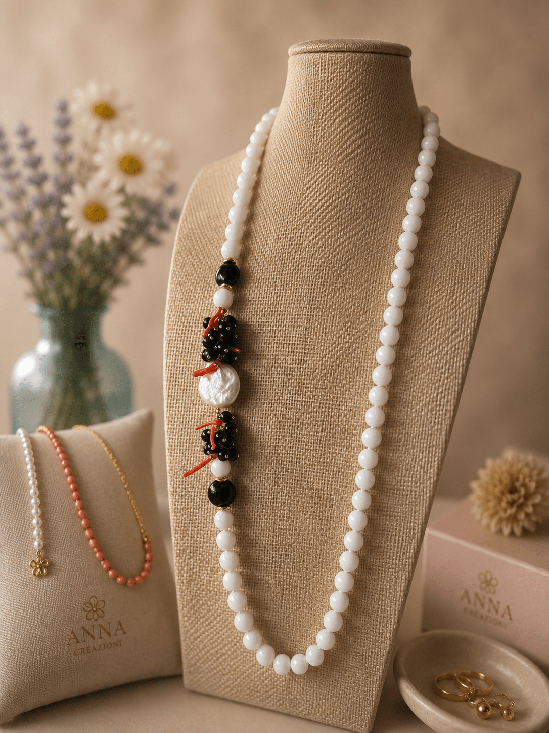Collane Collana Donna Artigianale Handmade | Onice Bianco e Nero, Perla Barocca e Corallo | Made in Italy - Handmade Made in Italy