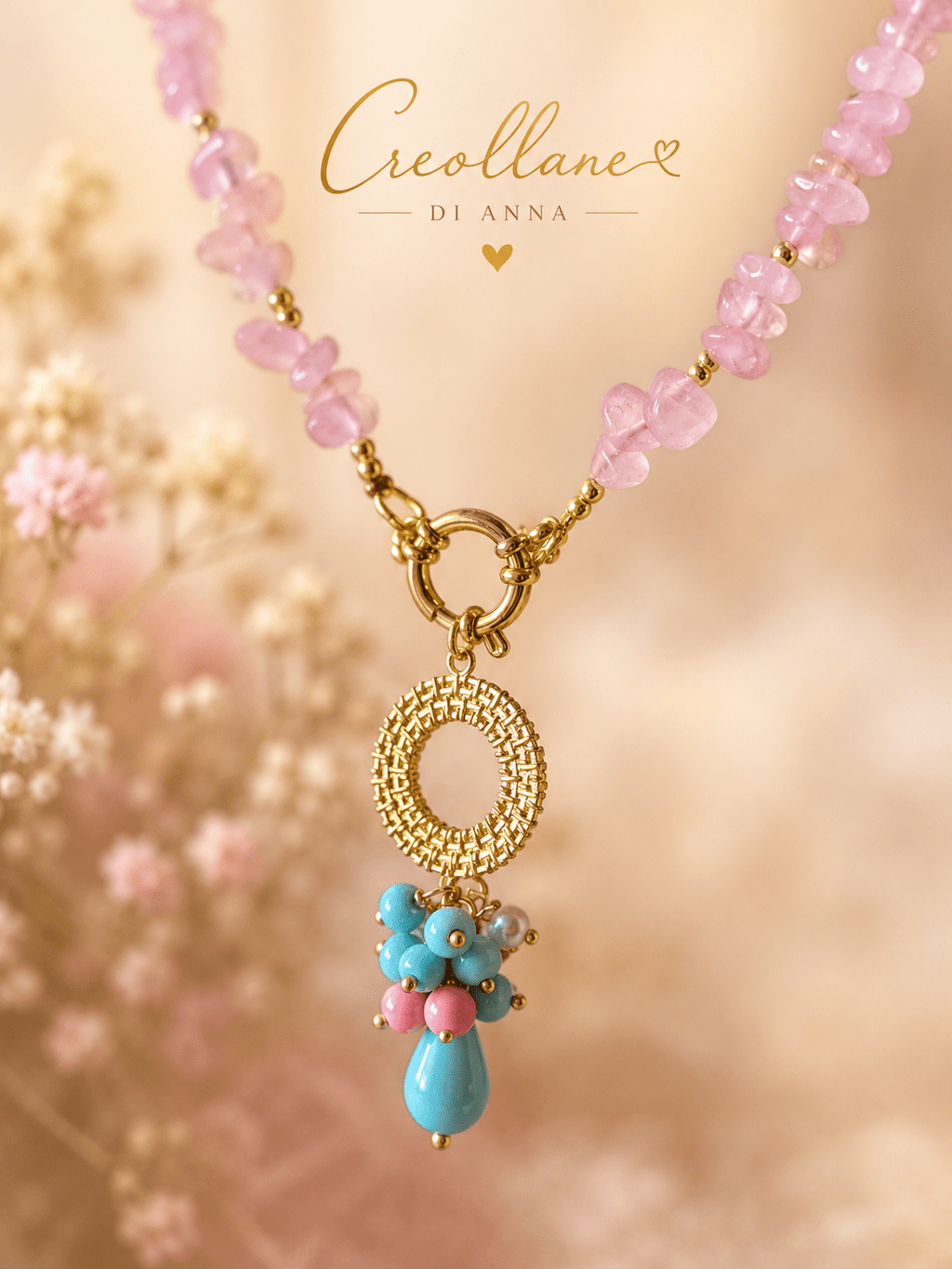 Collana Donna Artigianale | Quarzo Rosa Chips, Ematite e Pendente Turchese e Opale Rosa | Made in Italy