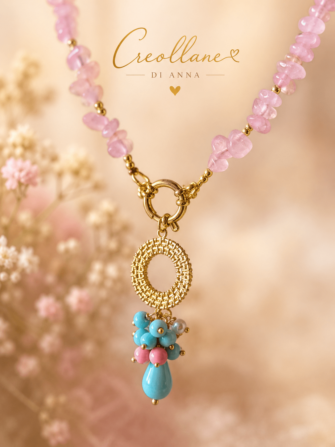 Collana Donna Artigianale | Quarzo Rosa Chips, Ematite e Pendente Turchese e Opale Rosa | Made in Italy