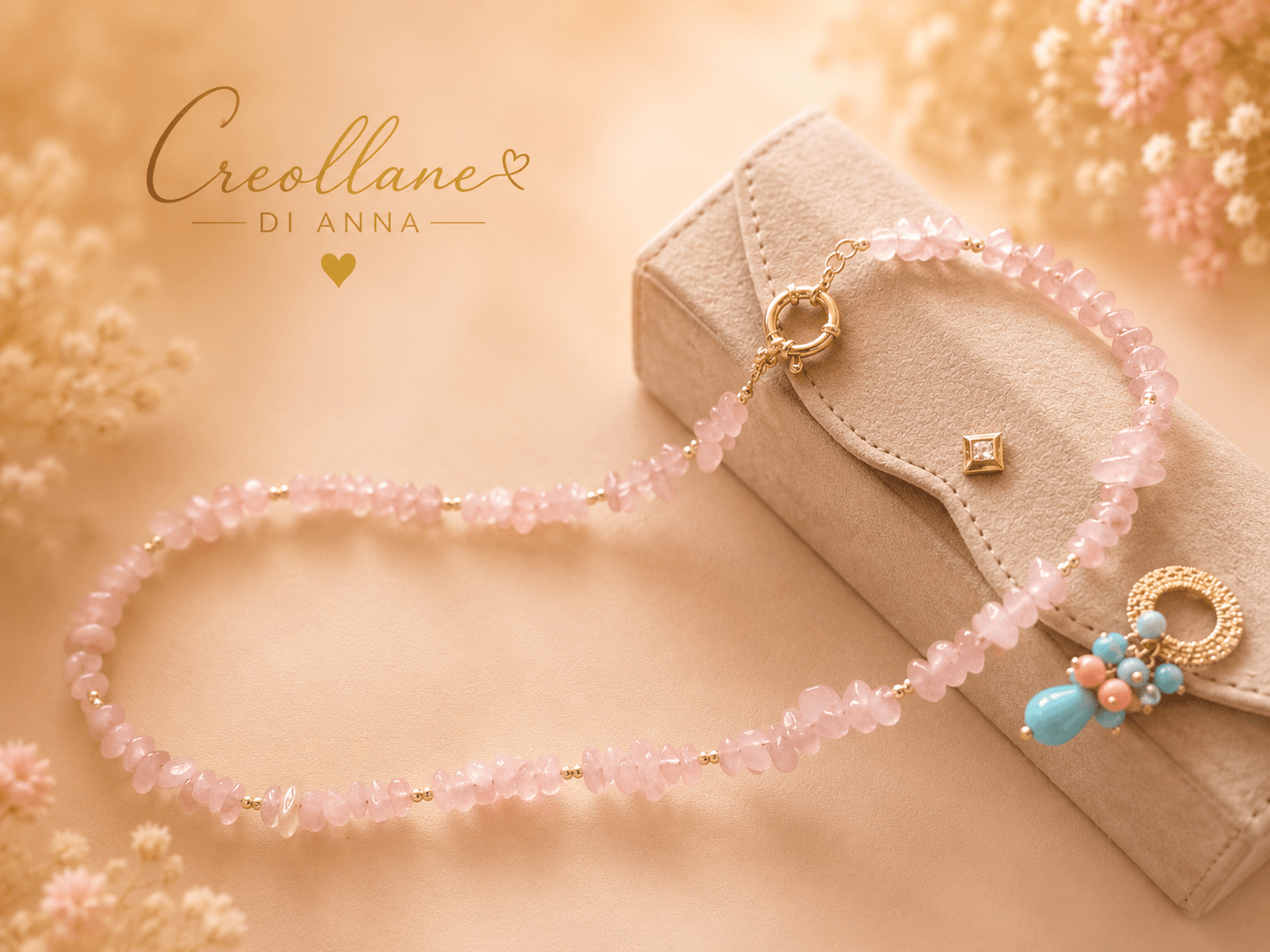 Collana Donna Artigianale | Quarzo Rosa Chips, Ematite e Pendente Turchese e Opale Rosa | Made in Italy