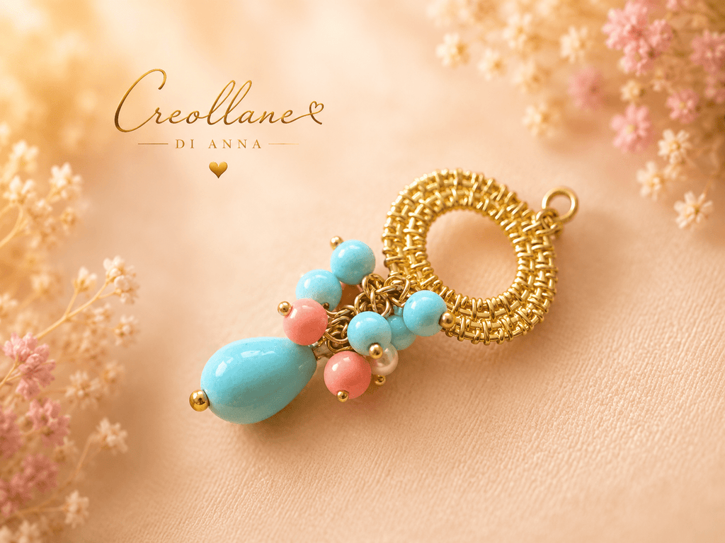 Collana Donna Artigianale | Quarzo Rosa Chips, Ematite e Pendente Turchese e Opale Rosa | Made in Italy