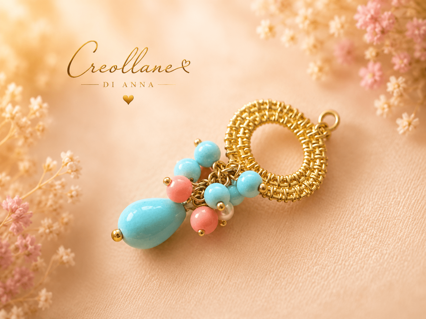 Collana Donna Artigianale | Quarzo Rosa Chips, Ematite e Pendente Turchese e Opale Rosa | Made in Italy