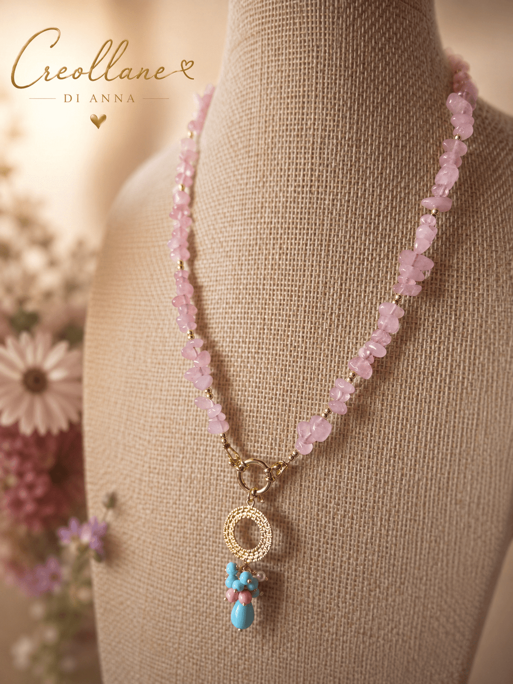 Collana Donna Artigianale | Quarzo Rosa Chips, Ematite e Pendente Turchese e Opale Rosa | Made in Italy