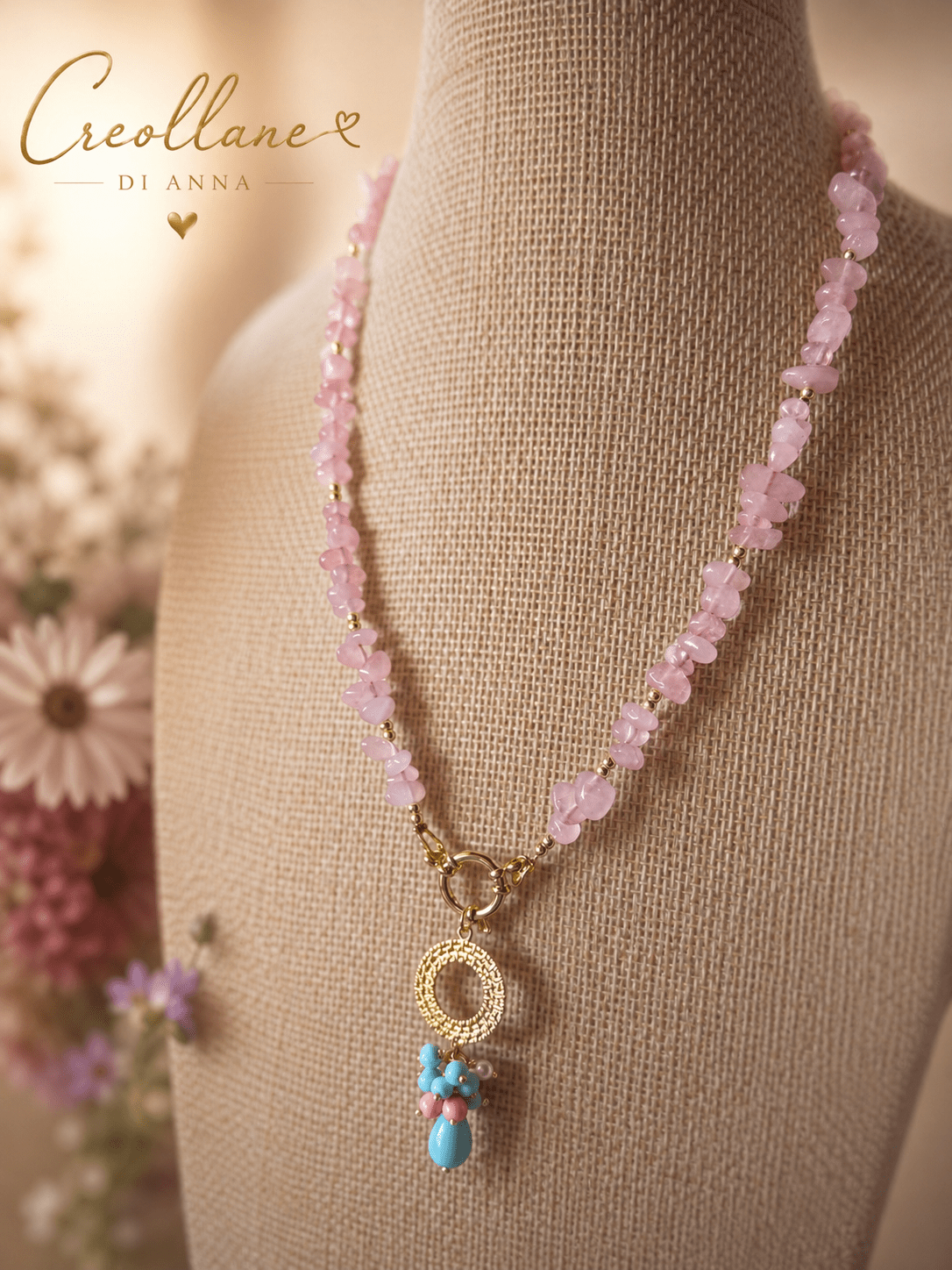 Collana Donna Artigianale | Quarzo Rosa Chips, Ematite e Pendente Turchese e Opale Rosa | Made in Italy