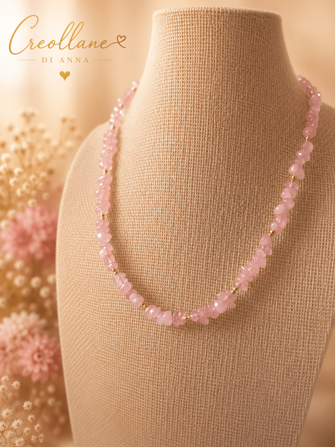Collana Donna Artigianale | Quarzo Rosa Chips, Ematite e Pendente Turchese e Opale Rosa | Made in Italy