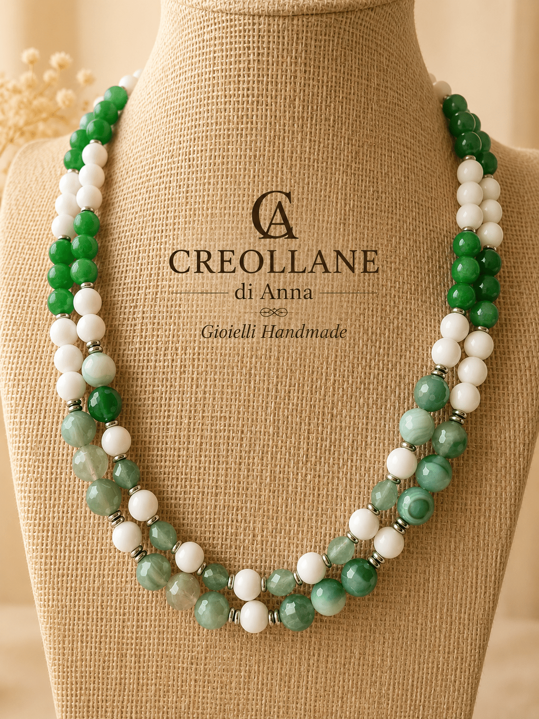 Collane Collana Doppio Filo | Agata Bianca, Agata Verde Strata e Crisoprasio | Made in Italy - Handmade Made in Italy